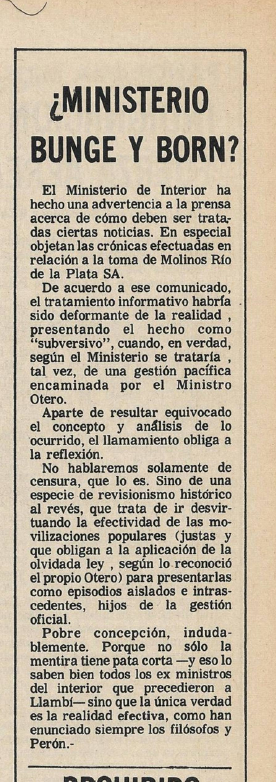 Fragmento de publicación de diario títulado; ¿Ministerio Bunge y Born?